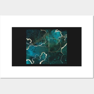 Alcohol ink in blue and turquoise w. gold lines and geometry Posters and Art